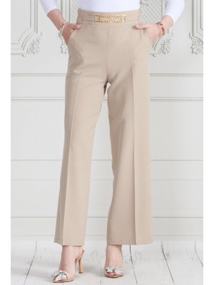 Bej Beli Zincir Detaylı Bol Paça Pantolon