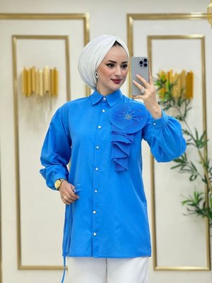 Poplin Pilise Çiçek Detay Gömlek