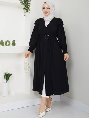 Dört Düğmeli Beli Lastikli Kap Siyah