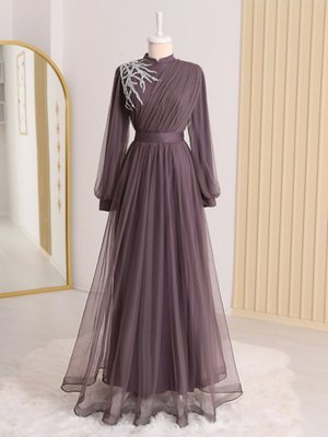 Önü Taş Detaylı Drapeli Kemerli Tül Abiye Elbise