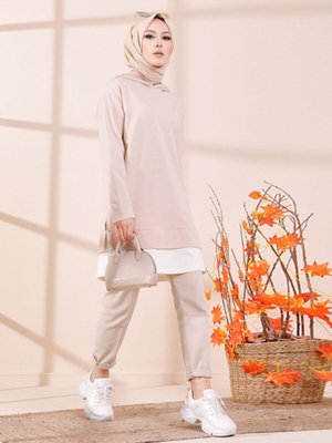 Kapüşonlu Garnili Sweatshirt Taş Kapüşonlu Garnili Sweatshirt Taş