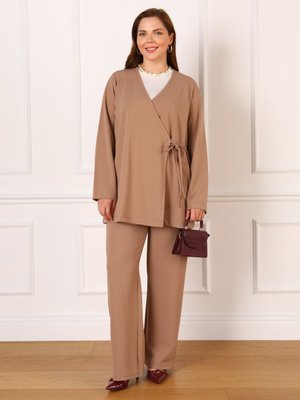 Büyük Beden Kruvaze Kapama Takım Koyu Vizon