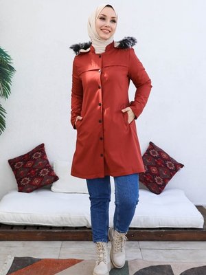 Belgi Içi Kürkü Çift Cepli Düğmeli Mont Kiremit