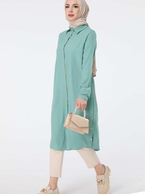 Düz Gömlek Yaka Yeşil Tunik