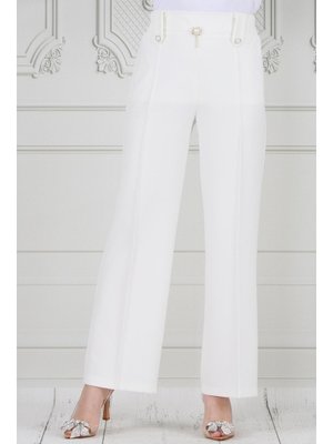 Beyaz İnci Broşlu Çımalı Bol Paça Pantolon
