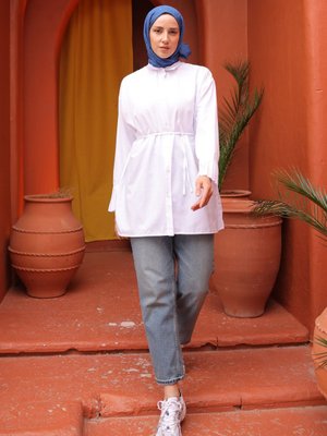 Beyaz Kol Pileli Oversize Terikoton Gömlek