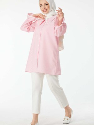 Pembe Bebe Yaka Çizgili Dantelli Tunik