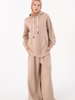 Bej Geniş Paça Rahat Kalıp Eşofman Takımı