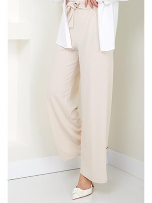 Bej Kuşaklı Bol Paça Kumaş Pantolon Bej Kuşaklı Bol Paça Kumaş Pantolon