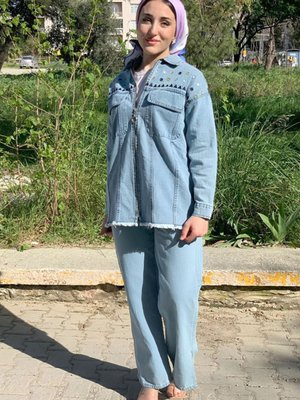 Açık Mavi Nakışlı Fermuarlı Kot Ceket