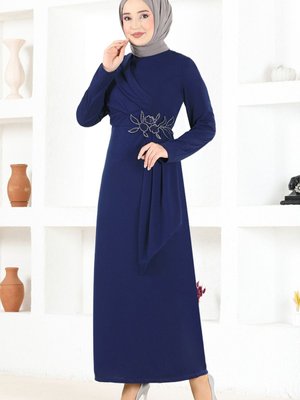 Kemeri Taşlı Asimetrik Kalem Tesettür Abiye Elbise