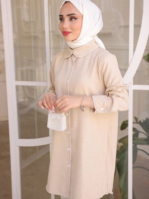 Bej Ön Yaka Detaylı Keten Gömlek
