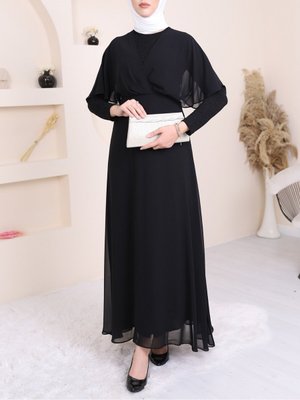 Simli Şifon Uzun Abiye Elbise