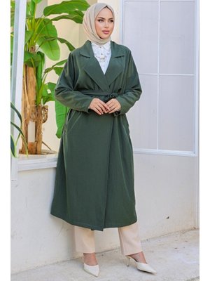 Haki Kruvaze Yaka Kuşaklı Ayrobin Trenç