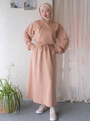 Vizon İplik Kapüşonlu Sweat & Etek Takım