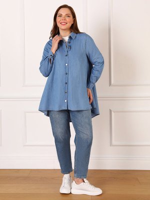 Mavi Büyük Beden Asimetrik Kesim Kot Gömlek