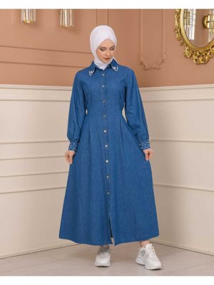 Boydan Düğmeli Beli Bağlamalı Kot Elbise