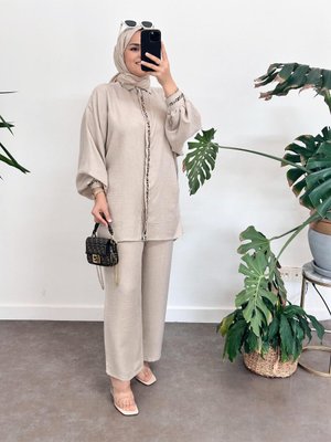 Kolu Boncuklu Keten Takım Bej Kolu Boncuklu Keten Takım Bej