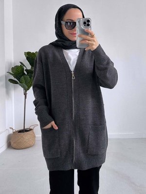 Cepli Fermuarlı Triko Hırka Antrasit