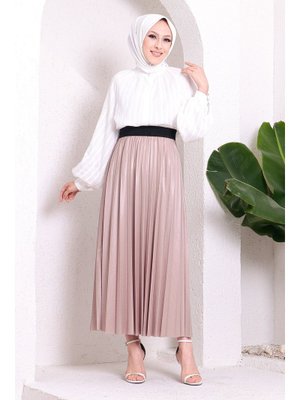 Piliseli Deri Görünümlü Etek/vizon