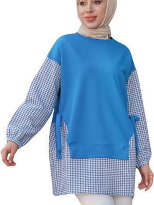 Mavi Kolu Ve Beli Kare Desen Kuşaklı Tunik Mavi Kolu Ve Beli Kare Desen Kuşaklı Tunik