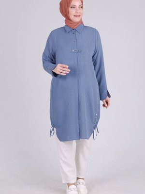 Gök Mavi Büyük Beden Büzgü Detaylı Tunik