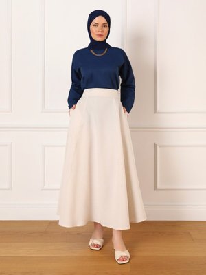 Açık Taş Keten Karışımlı Volanlı Etek