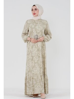 Bej Kaplama Kemerli Uzun Kol Viscon Elbise Bej Kaplama Kemerli Uzun Kol Viscon Elbise