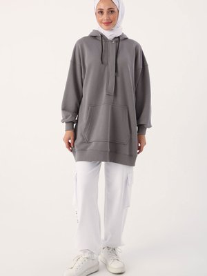 Gri Oversize Kapüşonlu Kanguru Cepli Sweat Tunik