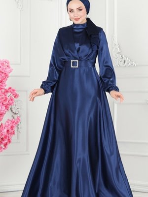 Lacivert Kemerli Saten Abiye Elbise Lacivert Kemerli Saten Abiye Elbise