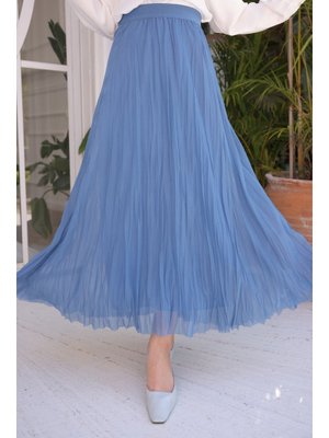 İndigo Bel Lastikli Piliseli Uzun Tül Etek