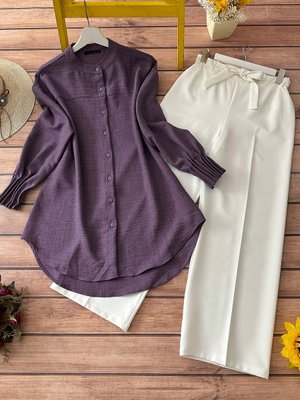 Kombin Nervürlü Tunik Ve Pantolon Takım Mürdüm