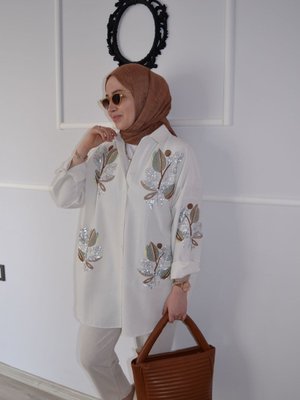 Keten Oversize Nakışlı Gömlek Tunik