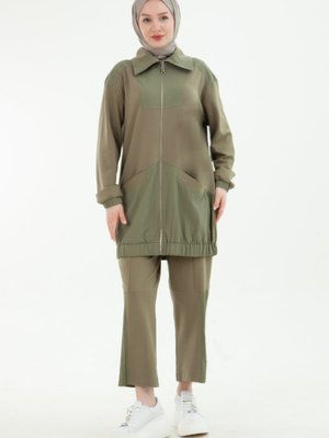 Yeni Sezon Paraşüt Detaylı Fermuarlı Takım Ekru