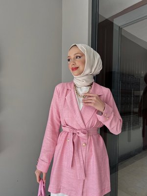 Pembe Desenli Tek Düğmeli Ceket