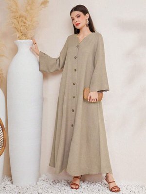 Vizon Tek Sıra Düğmeli Keten Elbise