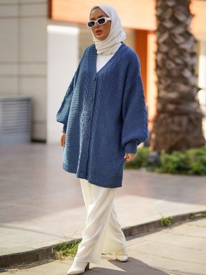 Saç Örgü Balon Kol Boydan Düğmeli Uzun Triko Hırka İndigo