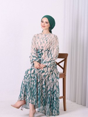 Kadın Şifon Eteği Fırfırlı Desenli Tesettür Elbise Kadın Şifon Eteği Fırfırlı Desenli Tesettür Elbise