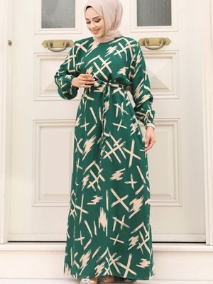 Fırça Desenli Beli Kuşaklı Elbise