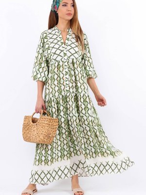 Prive Soft Yeşil Viskon Maksi Boy Balon Kol Uzun Yazlık Elbise