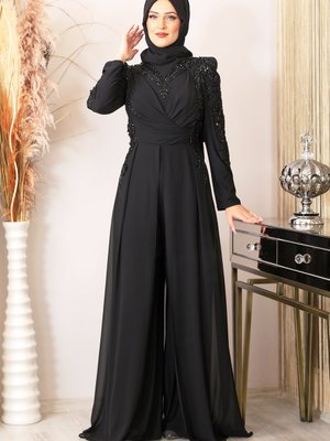 İşlemeli Şifon Güneş Tulum Siyah