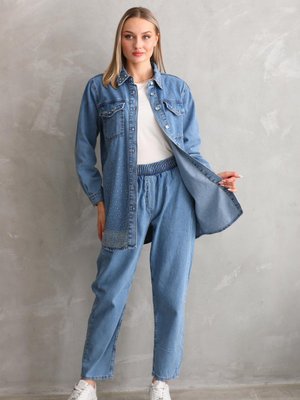 Taş İşlemeli Kot Jean Alt Üst Takım Açık Mavi