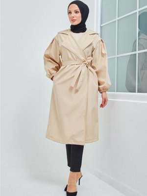 Belden Bağlamalı Krem Balon Kol Trenç