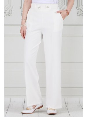 Beyaz Kemeri Düğme Detaylı Bol Paça Pantolon