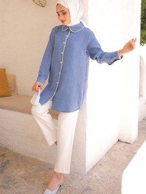 İndigo Ön Yaka Detaylı Keten Gömlek