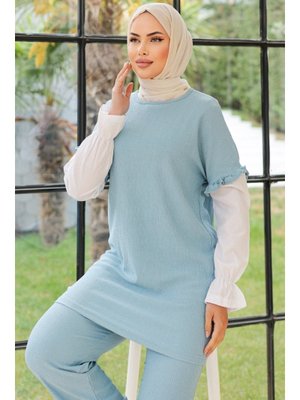 Mavi Fırfırlı Bürümcük Tunik Pantolon Takım Mavi Fırfırlı Bürümcük Tunik Pantolon Takım