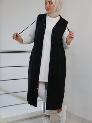 Büyük Beden Çıtçıtlı Kapüşonlu Penye Yelek Siyah