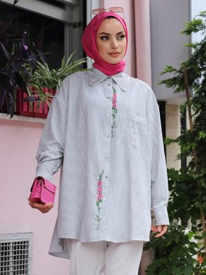Çizgili Nakışlı Oversize Gömlek