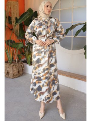 Hardal Kuşak Detaylı Desenli Elbise