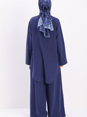 İndigo Keten Gömlekli Bol Pantolonlu Takım